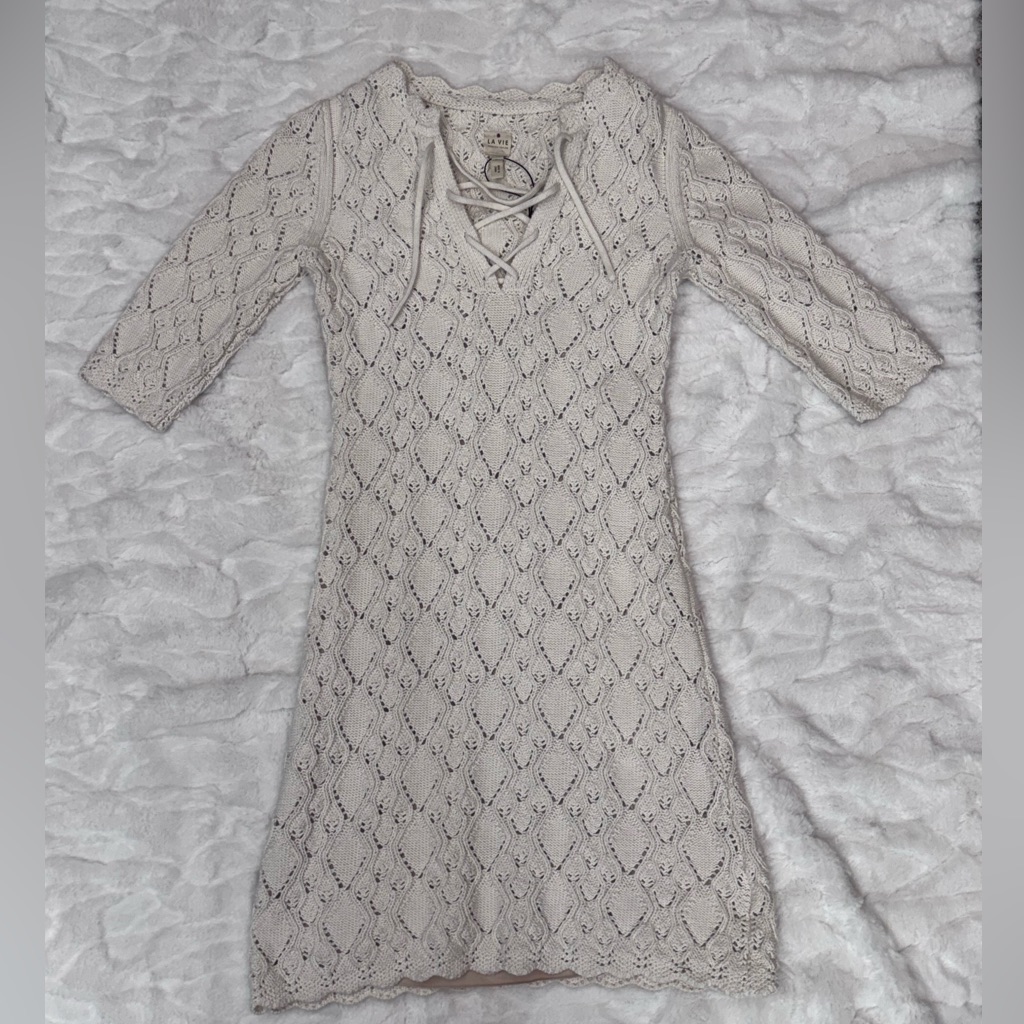 Nwt La Vie Rebecca Taylor Cream Crochet Dress With Lace Up Neck Xs